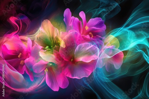 Vibrant pink and teal flowers enveloped in ethereal smoke, creating a dreamy, artistic composition.