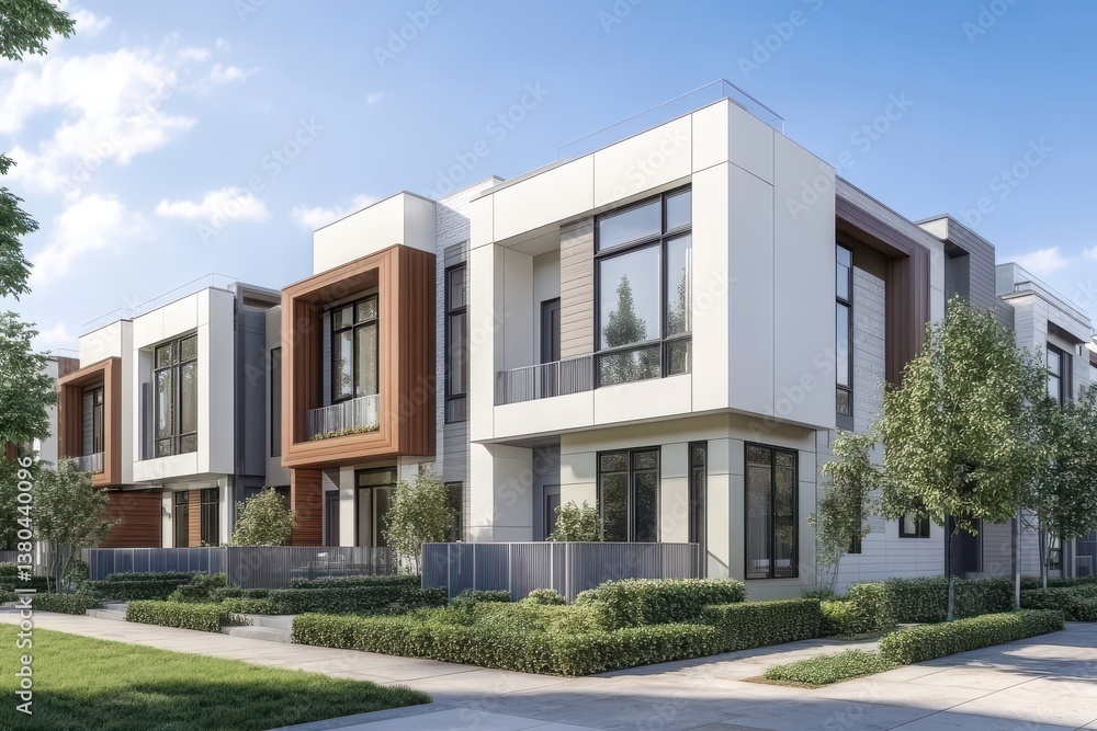 Modern townhouses bathed in sunlight, showcasing sleek architecture and a vibrant community setting with lush green landscaping. Modern townhouses bathed in sunlight, showcasing sleek architecture and a vibrant community setting with lush green landscaping.