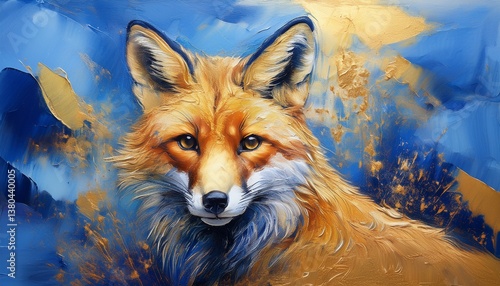 fox gold and blue oil painting with thick brush strokes