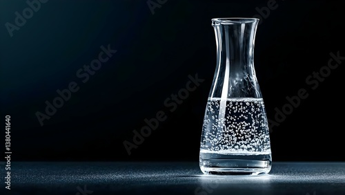 A glass carafe filled with carbonated water, showcasing bubbles against a dark background. Concept Carbonated Water, Glass Carafe, Bubbles in Liquid, Dark Background, Refreshing Beverage
