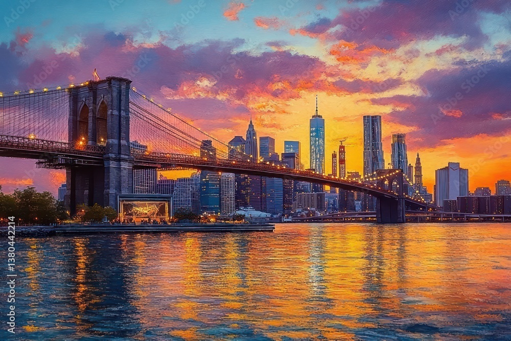 Naklejka premium Brooklyn Bridge Sunset Cityscape Impressionism