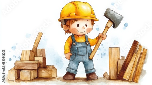 A joyful child in construction attire holds a hammer while surrounded by wooden blocks, reflecting the innocence, creativity, and learning found in childhood play.