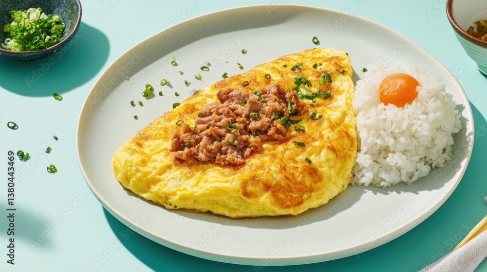 A fluffy minced pork omelette with a side of steamed rice, served on a soft pastel blue background. A fluffy minced pork omelette with a side of steamed rice, served on a soft pastel blue background.