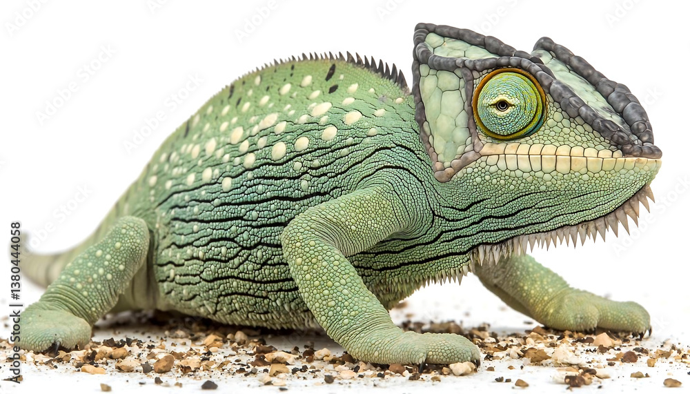 Obraz premium Green Chameleon Close up On White Background