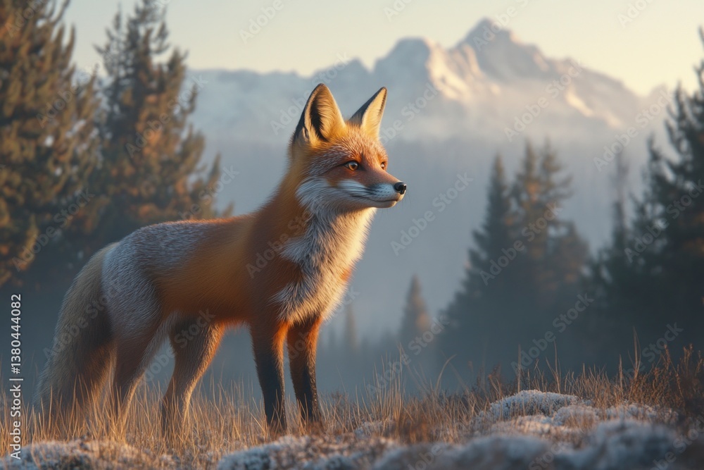 Fox Standing Alert in Mountain Forest at Sunrise Natural Habitat Fox Standing Alert in Mountain Forest at Sunrise Natural Habitat