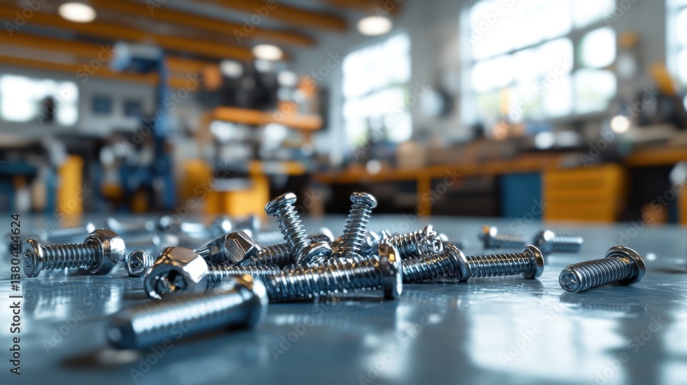 Obraz premium Close-up of Metal Screws and Nuts Scattered on a Workshop Table