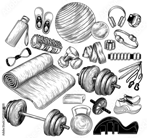 Vector illustration pilates equipment. Set of fitness tools in engraving style. Sports collection. Dumbbell, fitness mat, rubber bands, balls, ring, roller, expander, kettlebell. Goods for activities