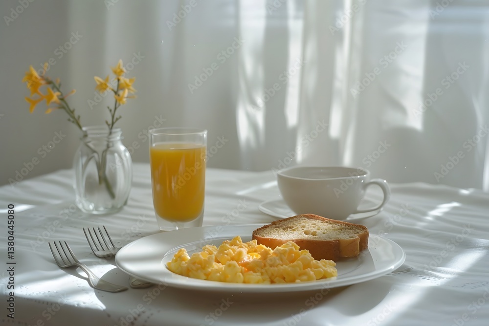 A bright morning breakfast scene featuring scrambled eggs, toast, juice, and a cup of coffee A bright morning breakfast scene featuring scrambled eggs, toast, juice, and a cup of coffee