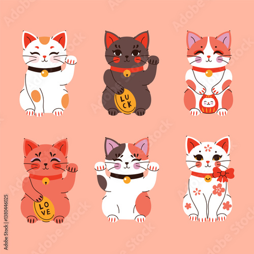 Set of cute kawaii maneki neko cats. vector graphics