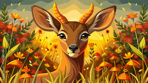 A close up of a deer with attentive eyes in a beautiful field of orange and yellow wildflowers