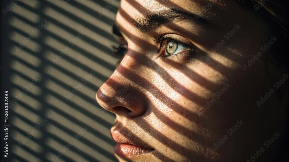 Obraz premium Dramatic Striped Shadowing Dramatic emotional abstract pattern featuring striped shadowing on a face, perfect for artistic visuals. Emotional Abstract Pattern.