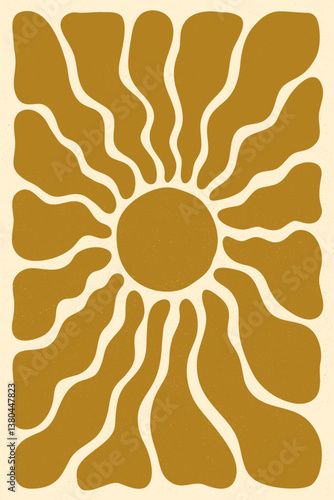 Groovy sun with wavy rays and vintage grainy texture