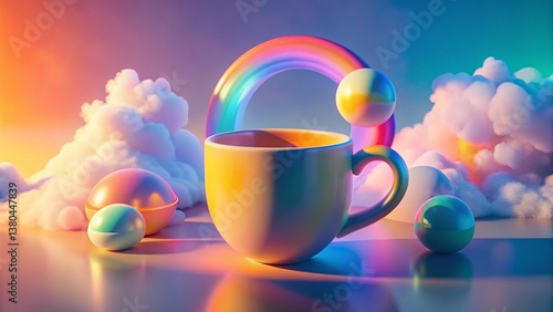 Minimalist Watercolor Abstract Mug, Sunlight Glow, Floating Objects, Rainbow Gradient