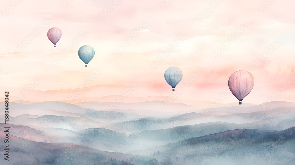 Fototapeta premium Watercolor Scene of Hot Air Balloons Over Pastel Hills