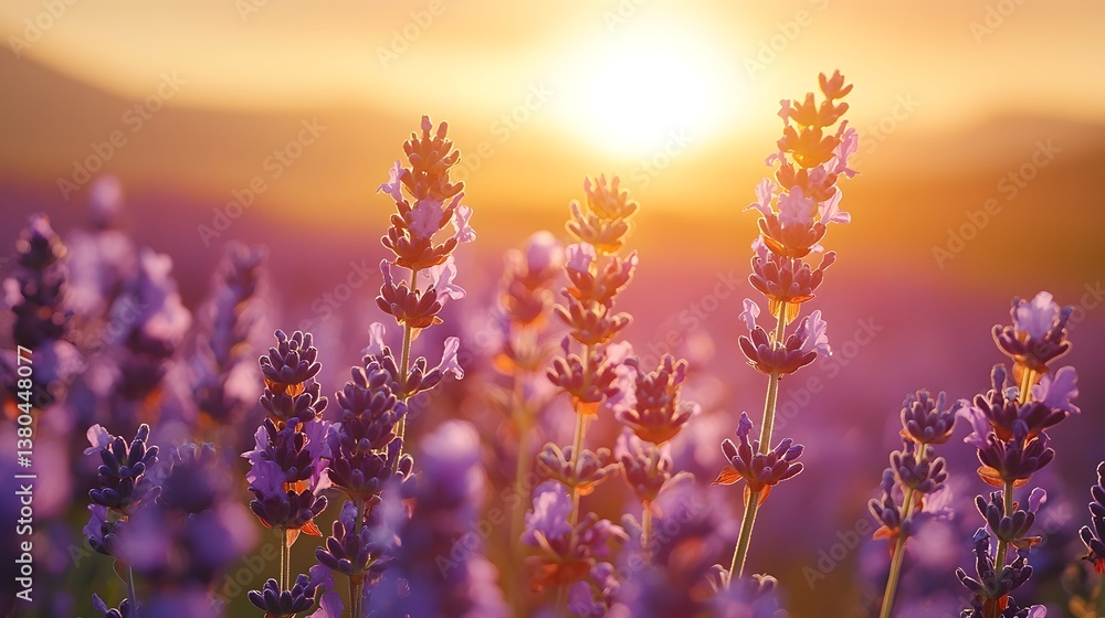 Fototapeta premium Serene lavender field under a golden sunset