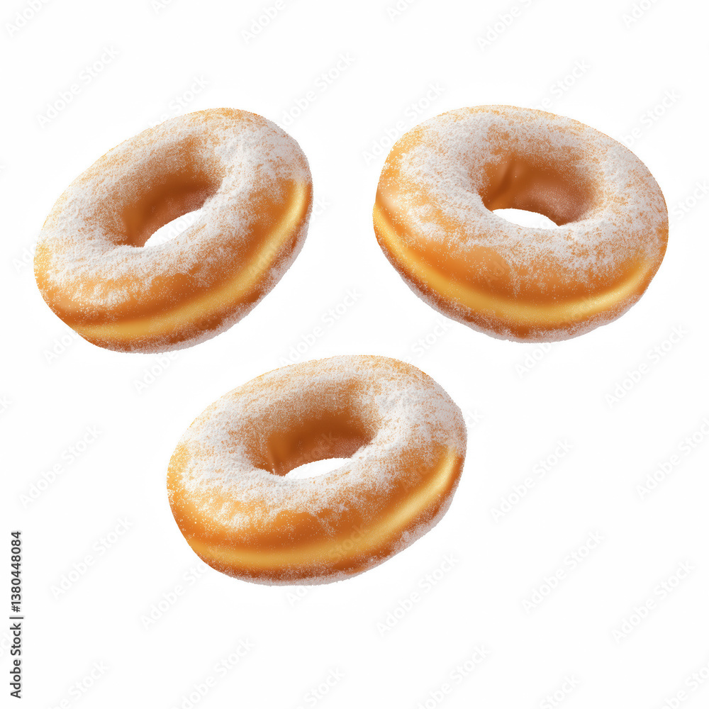 Realistic illustration of three floating powdered sugar donuts with golden texture and fluffy appearance, isolated on transparent background. Realistic illustration of three floating powdered sugar donuts with golden texture and fluffy appearance, isolated on transparent background.
