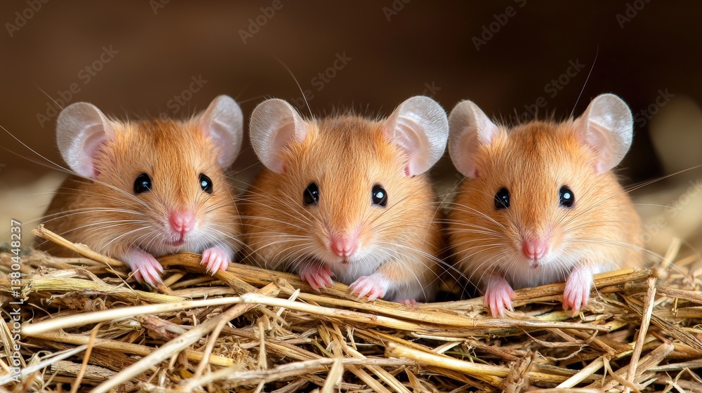 Three adorable mice with soft fur and large ears nestled together on a bed of straw, showcasing their playful demeanor. Three adorable mice with soft fur and large ears nestled together on a bed of straw, showcasing their playful demeanor.