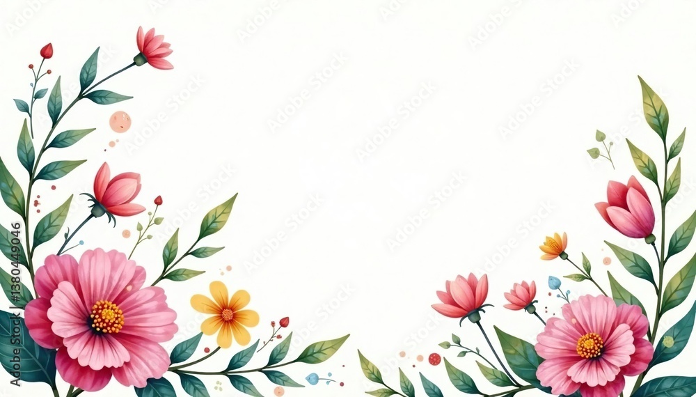 Delicate watercolor style, scattered wildflowers, leafy vines , design, texture Delicate watercolor style, scattered wildflowers, leafy vines , design, texture