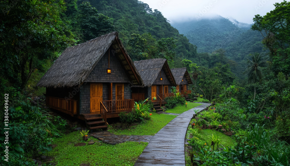 Fototapeta premium Cozy wooden cabins in lush green forest with misty mountains