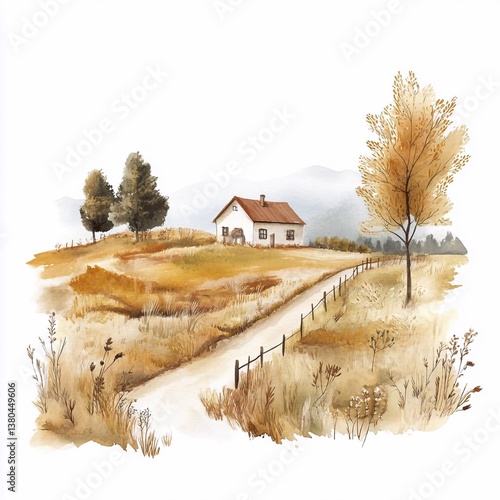 Wallpaper Mural Rural summer autumn landscape with hills and village  watercolor style Torontodigital.ca