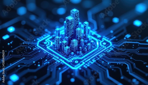 Futuristic Cityscape on Circuit Board with Glowing Blue Lights