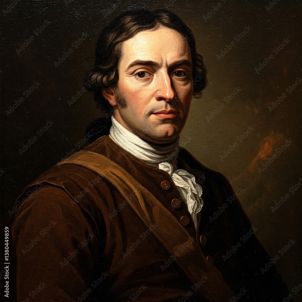 Fototapeta premium Representation of Historical Portrait of Tiradentes, 18th century style oil painting, texture, dramatic lighting