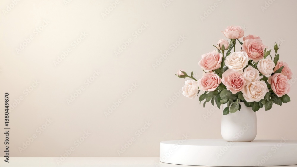 Elegant pink roses in a white vase on a minimalist pedestal against a neutral background. Elegant pink roses in a white vase on a minimalist pedestal against a neutral background.