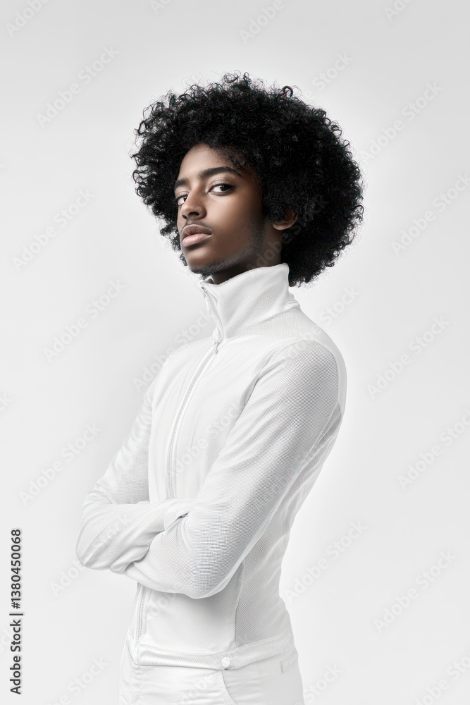Stylish African American Man in Minimalist Studio Portrait with Afro Hairstyle Stylish African American Man in Minimalist Studio Portrait with Afro Hairstyle