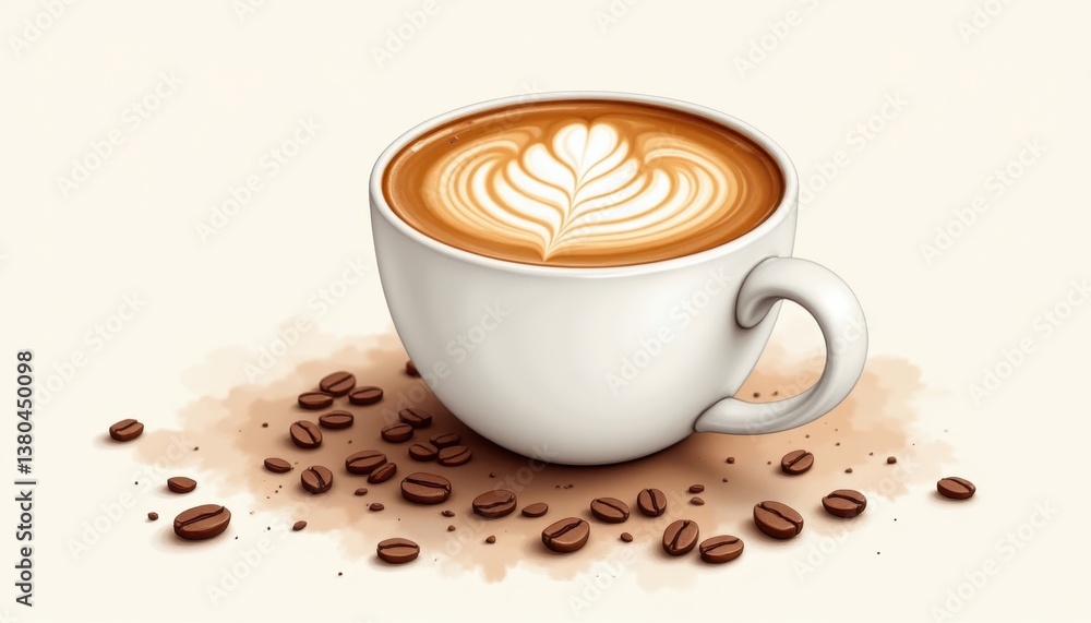 Freshly Brewed Coffee with Latte Art and Coffee Beans on Surface