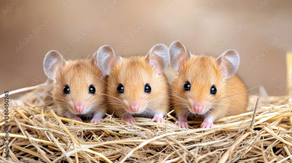 Three adorable mice with fluffy fur sit closely together in a nest of straw, showcasing their innocent expressions and tiny features. Three adorable mice with fluffy fur sit closely together in a nest of straw, showcasing their innocent expressions and tiny features.