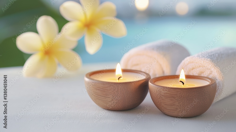 A serene spa setting featuring two lit candles, soft towels, and delicate flowers, creating a calming atmosphere for relaxation. A serene spa setting featuring two lit candles, soft towels, and delicate flowers, creating a calming atmosphere for relaxation.