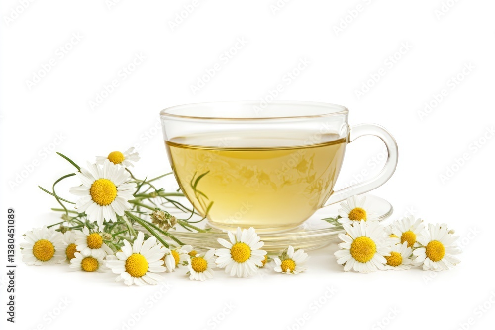 Chamomile Tea in Glass Cup with Fresh Flowers on White Background Chamomile Tea in Glass Cup with Fresh Flowers on White Background