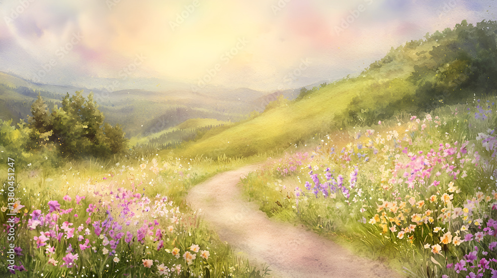 Obraz premium Watercolor Scene of Serene Countryside Path at Dawn