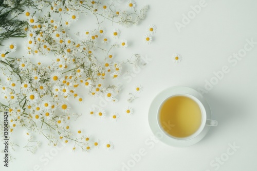 Drinking Chamomile Tea Next to Fresh Flowers on a White Background