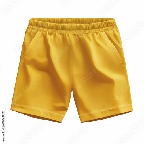 Yellow athletic shorts with elastic waistband and side pockets, realistic illustration of activewear clothing item, isolated on transparent background.