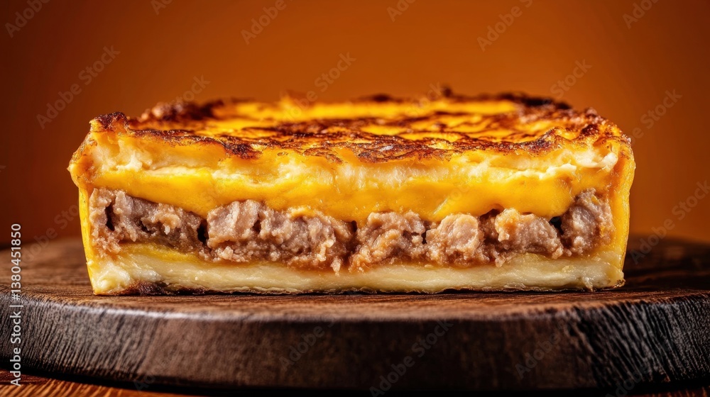 Fluffy minced pork omelette resting on a rustic wooden plate against a deep orange background. Fluffy minced pork omelette resting on a rustic wooden plate against a deep orange background.