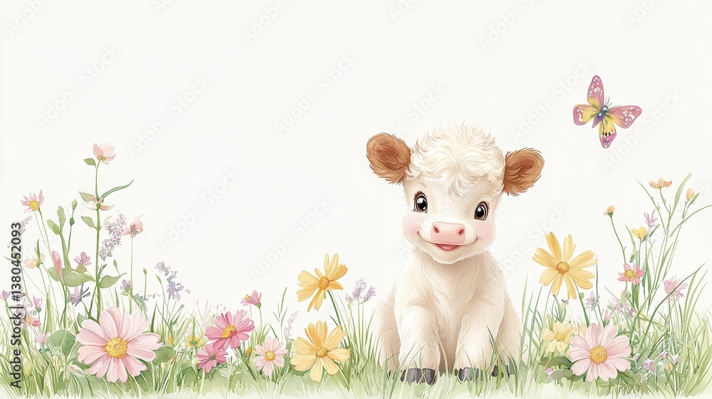 Fototapeta premium Cute Calf in a Flower Field