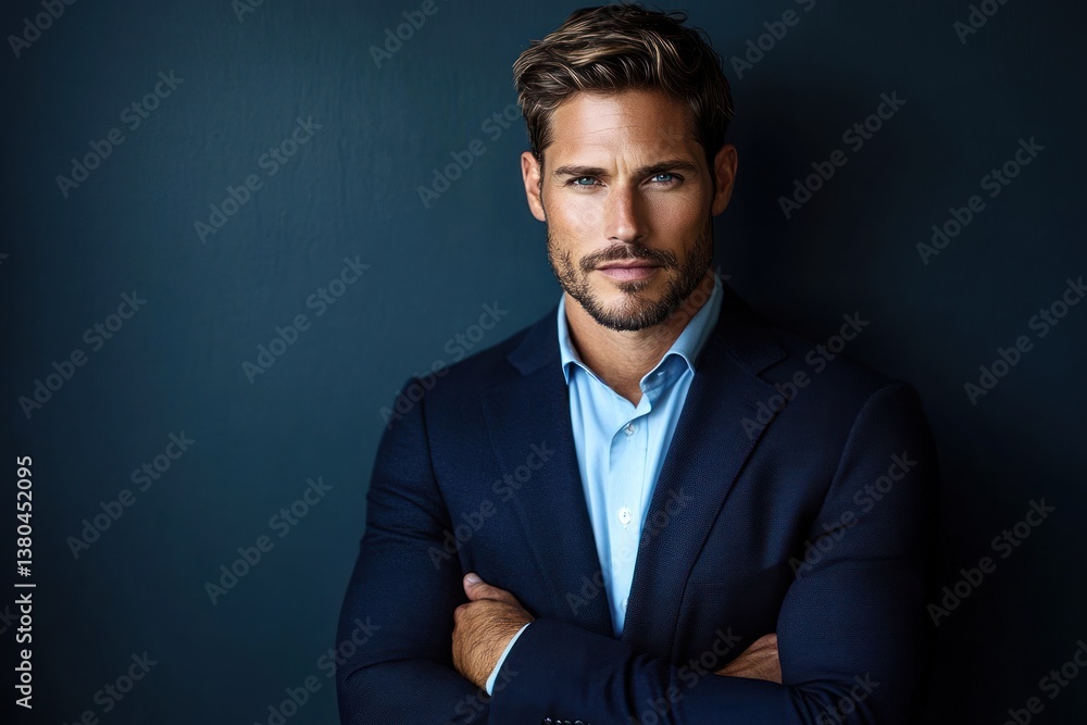 Confident man in navy suit thinking elegantly