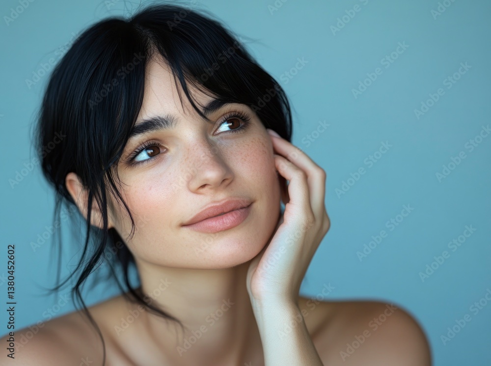 Woman Looking Upward with Hand to Face in Thoughtful Portrait Woman Looking Upward with Hand to Face in Thoughtful Portrait