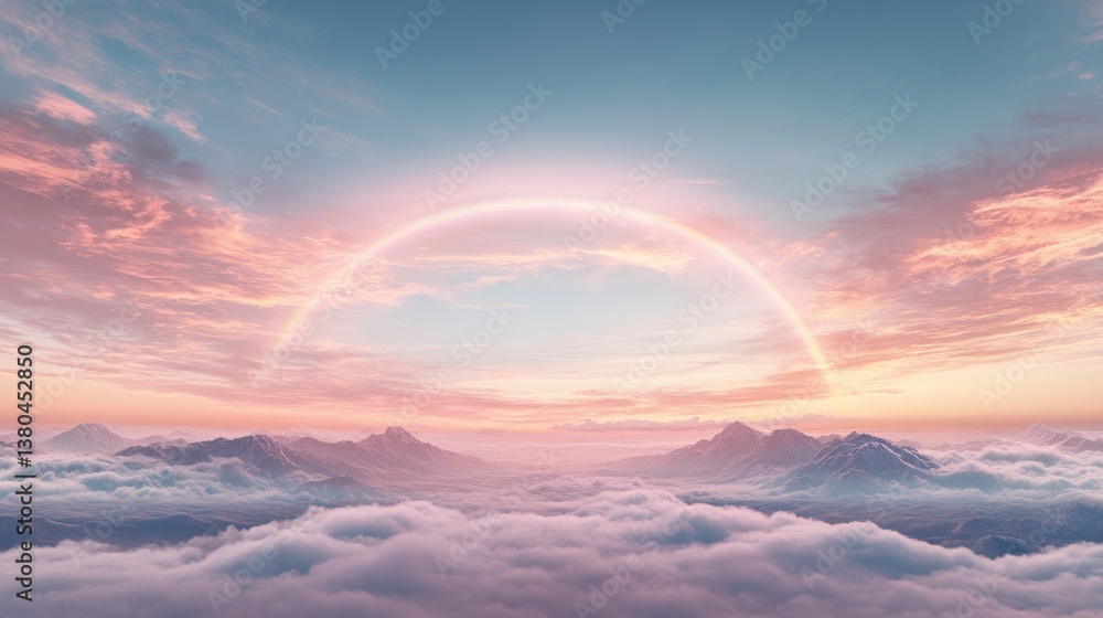 A pastel rainbow arching in the sky full of soft mist, luminous clouds, dreamlike atmosphere, soothing and peaceful A pastel rainbow arching in the sky full of soft mist, luminous clouds, dreamlike atmosphere, soothing and peaceful