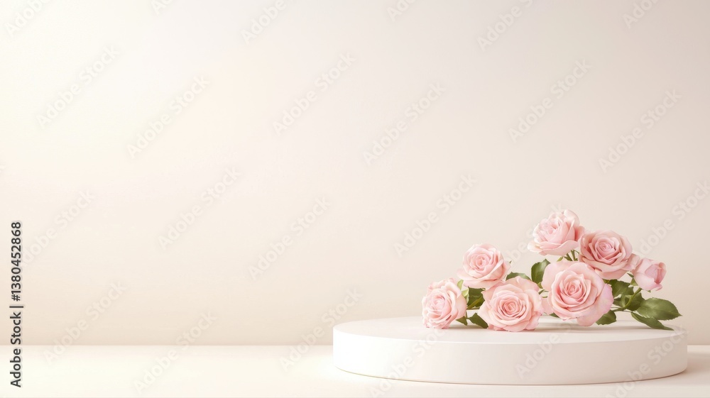 Elegant soft pink roses arranged on a white pedestal with a minimalist background. Elegant soft pink roses arranged on a white pedestal with a minimalist background.