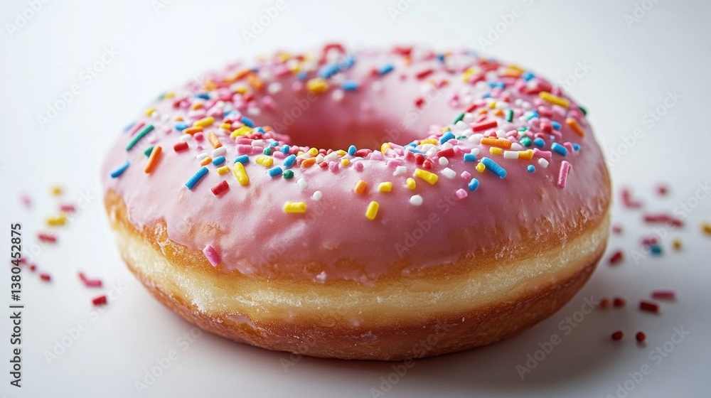 Delicious Pink Frosted Donut Covered with Colorful Sprinkles on White Background Delicious Pink Frosted Donut Covered with Colorful Sprinkles on White Background