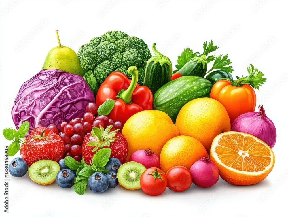A Colorful Medley of Fruits and Vegetables: A vibrant assortment of fresh, healthy produce is artfully arranged, showcasing a rainbow of colors and textures, from juicy berries to crisp greens. A Colorful Medley of Fruits and Vegetables: A vibrant assortment of fresh, healthy produce is artfully arranged, showcasing a rainbow of colors and textures, from juicy berries to crisp greens.