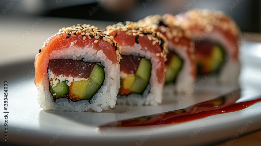 Delicious Sushi Rolls with Fresh Salmon, Avocado, and Sesame Seeds on a Plate Delicious Sushi Rolls with Fresh Salmon, Avocado, and Sesame Seeds on a Plate