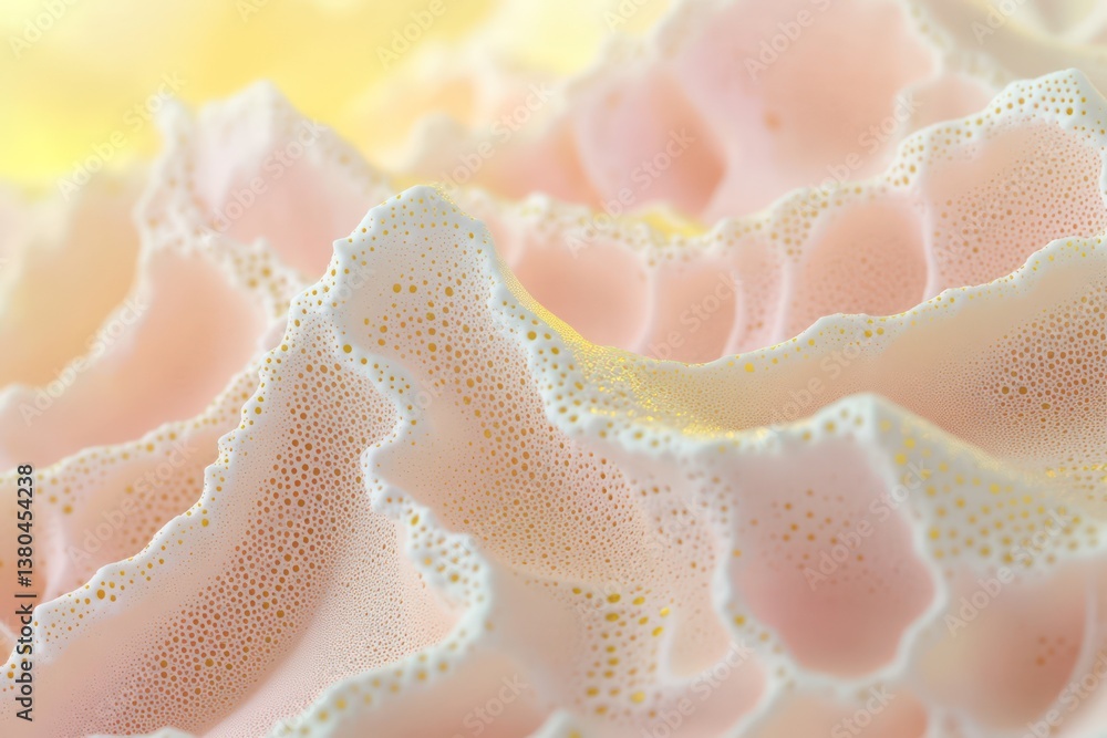 A detailed close-up of foam patterns in shades of pink and gold, with delicate fractal-inspired designs A detailed close-up of foam patterns in shades of pink and gold, with delicate fractal-inspired designs