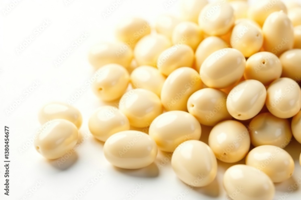 Close-up of creamy white beans against stark white, ingredient, vegetarian, raw Close-up of creamy white beans against stark white, ingredient, vegetarian, raw