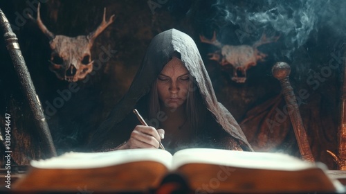 In a shadowy ambiance, a witch writes spells with an intense focus, surrounded by mystical elements like skulls, presenting a powerful connection to esoteric knowledge and magic.