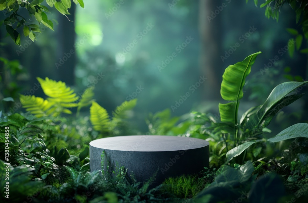 Round Stone Podium in Lush Green Jungle Environment for Product Display Round Stone Podium in Lush Green Jungle Environment for Product Display