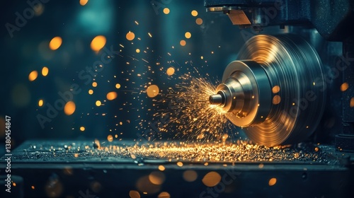 Heavy-duty metal grinding machine with sparks flying, set on a dark blue industrial backdrop.