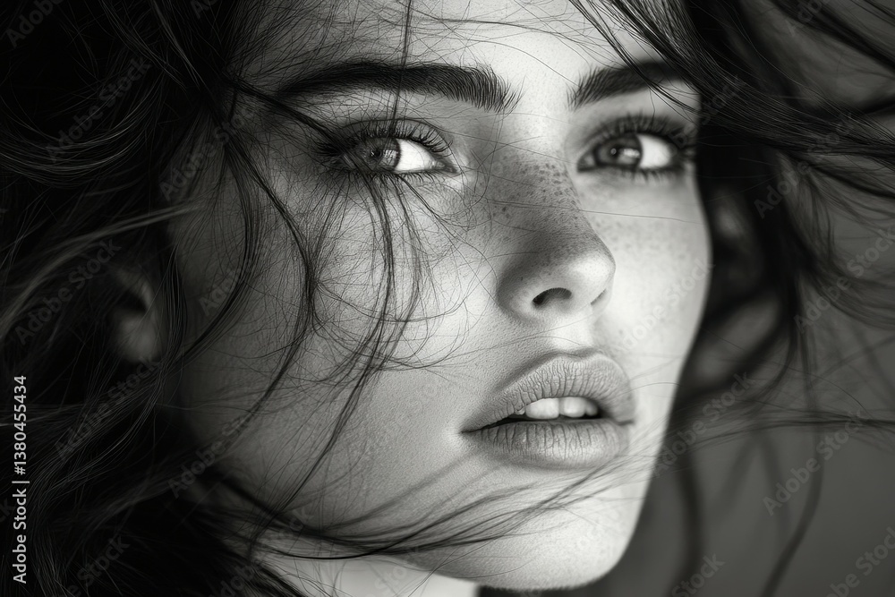 Elegant Portrait: An elegant black and white portrait captures the delicate features and alluring gaze of a beautiful woman with wind-swept hair. Elegant Portrait: An elegant black and white portrait captures the delicate features and alluring gaze of a beautiful woman with wind-swept hair.